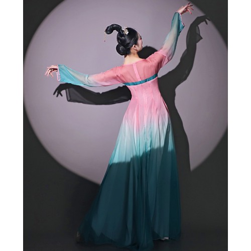 Chinese Folk Classical dance costume Blue Pink Fairy Princess Hanfu for Women girls  flowing gauze dress Fan Umbrella dance costumes art test Chinese style dance skirts